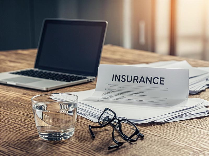 Insurance policy documents and paperwork arranged on a desk